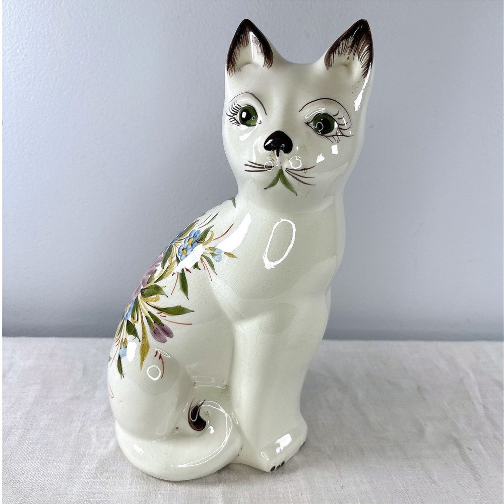 Vintage Wilfred Italy Hand Painted Ceramic Cat Figurine Floral White Majolica